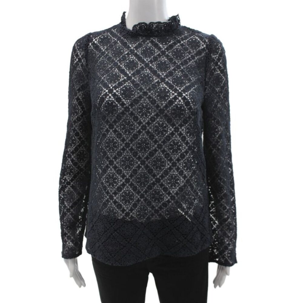 Sezane Womens Black Geometric High Neck Long Sleeve Bohemian Blouse Size 34